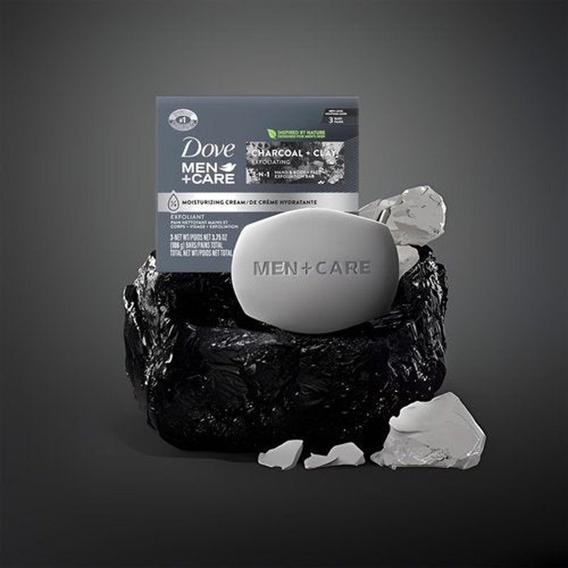 Dove Men + Care Bar Soap Charcoal Clay, 12 Count, 3 in 1 Body Face and Hand Exfoliating, Purifying Bar Soaps for Men, Plant Based with Essential Oils, Moisturizes Dry Skin, Clean Scent, 3.75 oz. Each