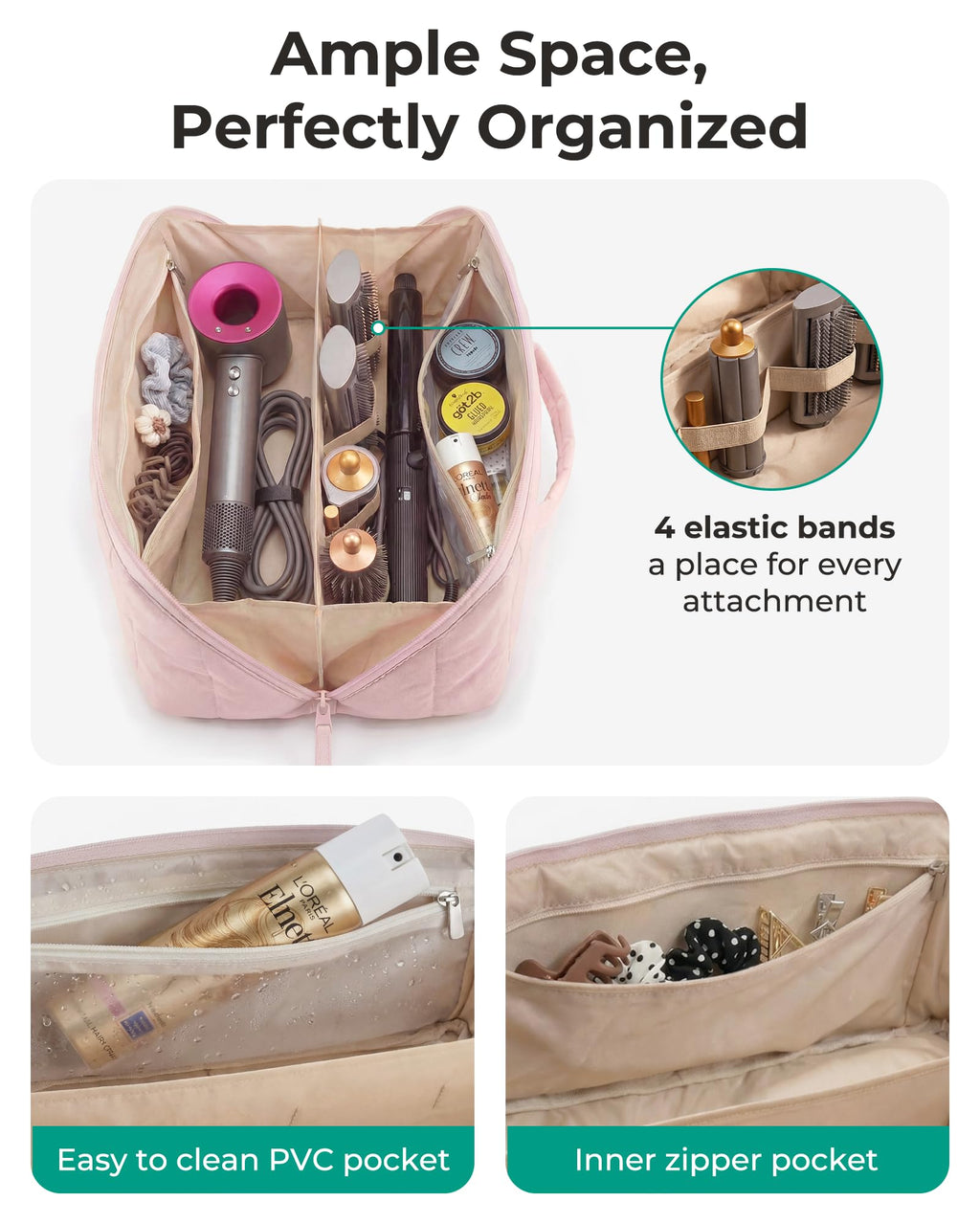 BAGSMART Hair Tool Organizer Travel Bag Compatible with Dyson Airwrap, Shark Hair Dryer, Wide-open Accessories Organizer with Heat Resistant Mat, Makeup Bag for Dyson Attachments, Curling Iron, Khaki