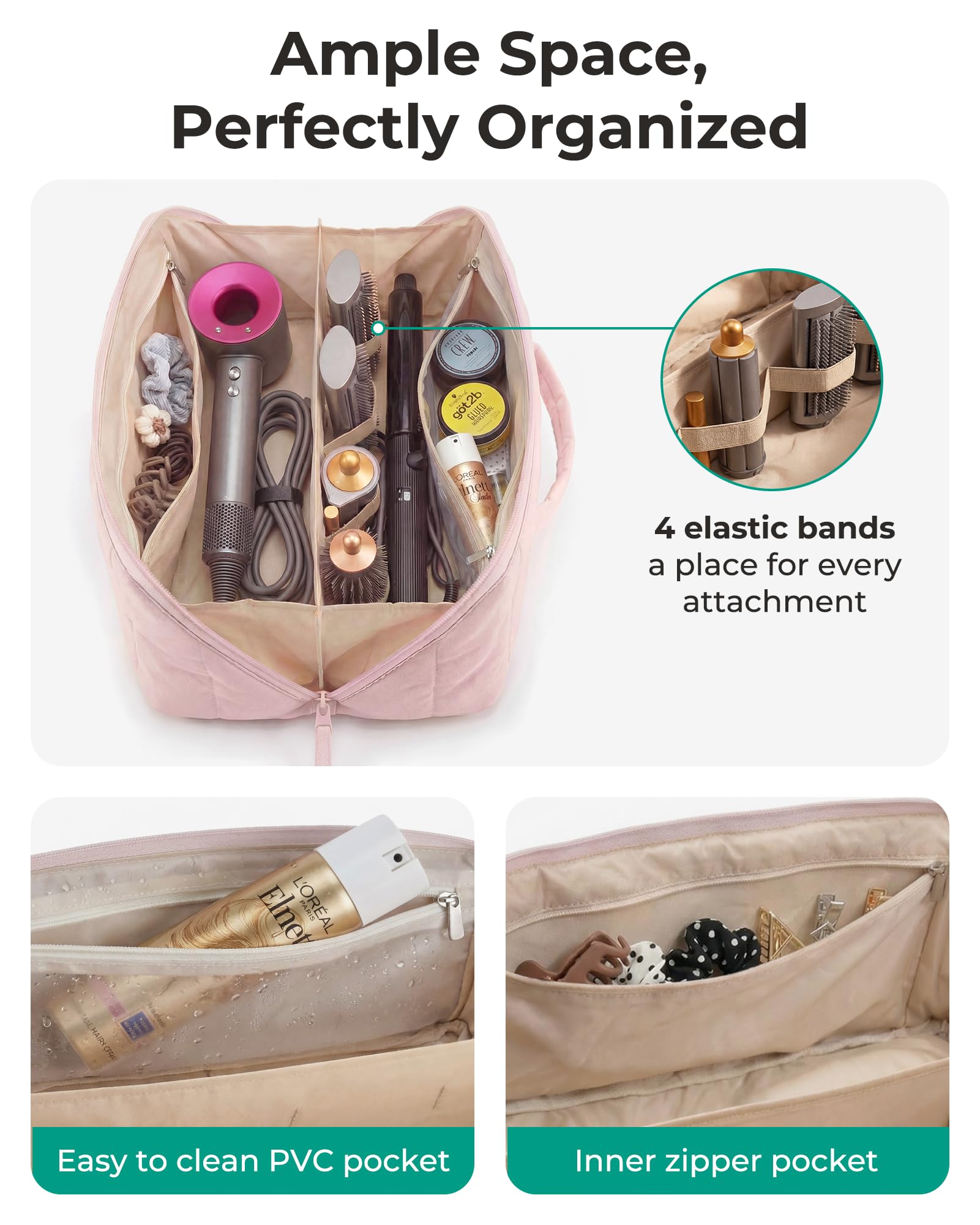 BAGSMART Hair Tool Organizer Travel Bag Compatible with Dyson Airwrap, Shark Hair Dryer, Wide-open Accessories Organizer with Heat Resistant Mat, Makeup Bag for Dyson Attachments, Curling Iron, Khaki