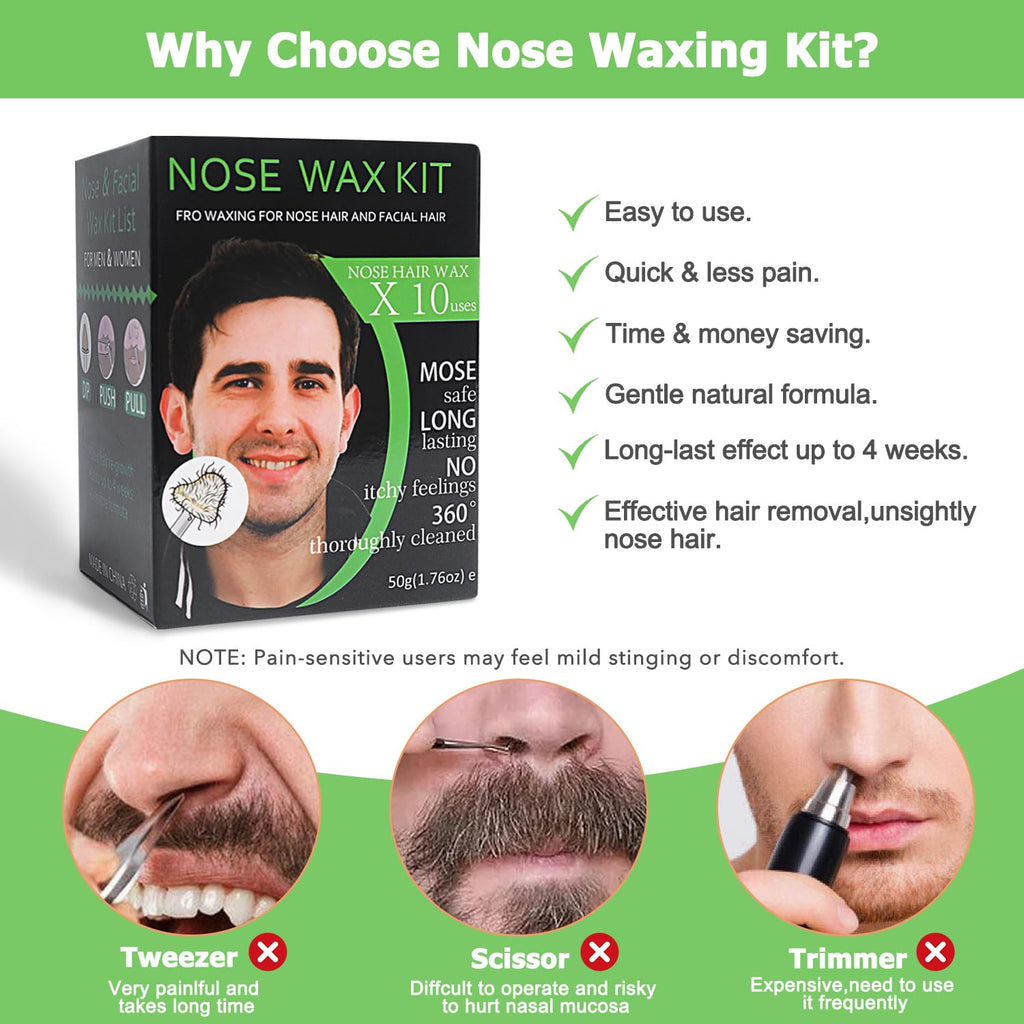 Nose and Ear Hair Waxing Kit - Hair Removal Set for Men and Women with 50g Wax Beads, 20 Applicators (10 times), 10 Paper Cups, and 10 Mustache Guards