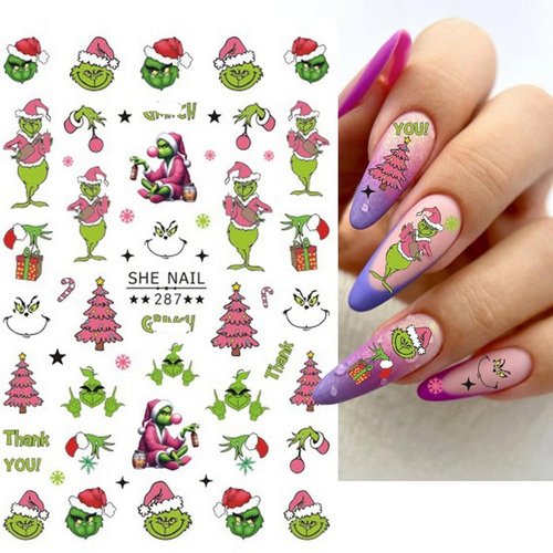 6 Sheets Christmas Nail Art Decals 3D Self-Adhesive Cartoon Xmas Nail Stickers Design WinterXmas Funny Green Monster Nail Decals Christmas Nail Decals Supplies for Women Nail Art DIY Manicure