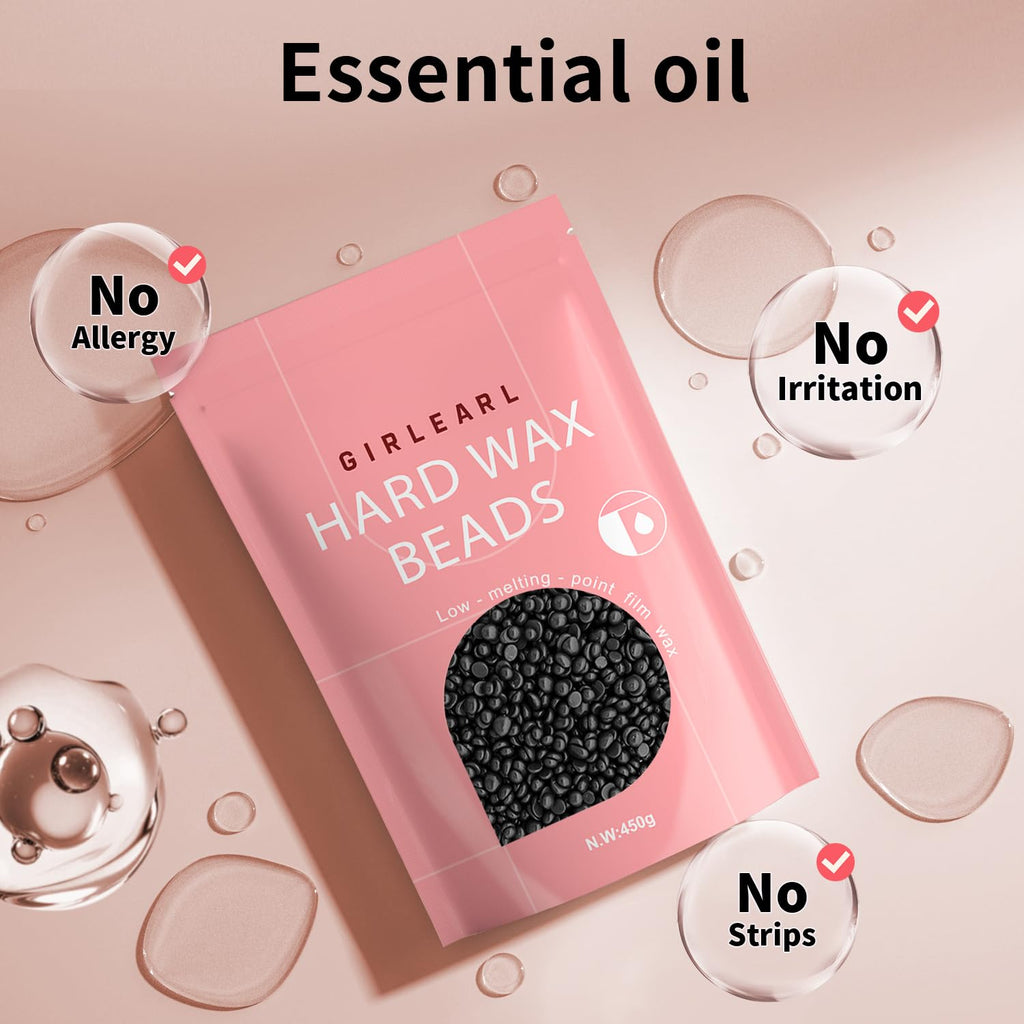 GIRLEARLE Hard Wax Beads, 1lb Wax Beans for Hair Removal, Hard Wax for Sensitive Skin at Home, Wax Refill Perfect for Legs, Facial, Brazilian Bikini, Eyebrow and Full Body for Women and Men (Black)