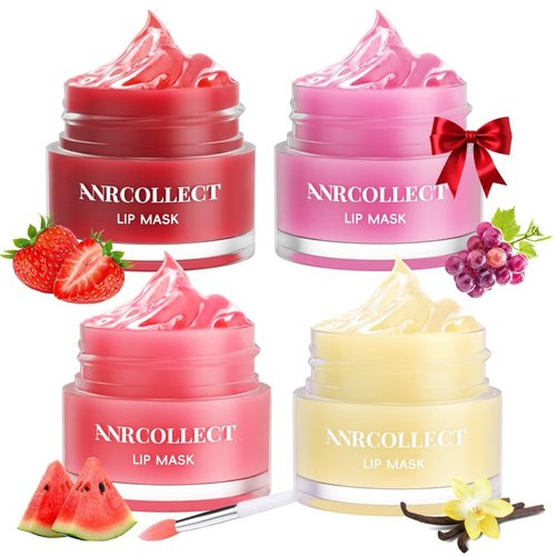 ANRCOLLECT Lip Mask Overnight Set, 4Pcs Lip Care Hydration Treatment Exfoliator Mask Kit, Revives & Nourishes Gift Set for All Day Moisturizing with Collagen & Shea Butter, Valentines Day Gifts