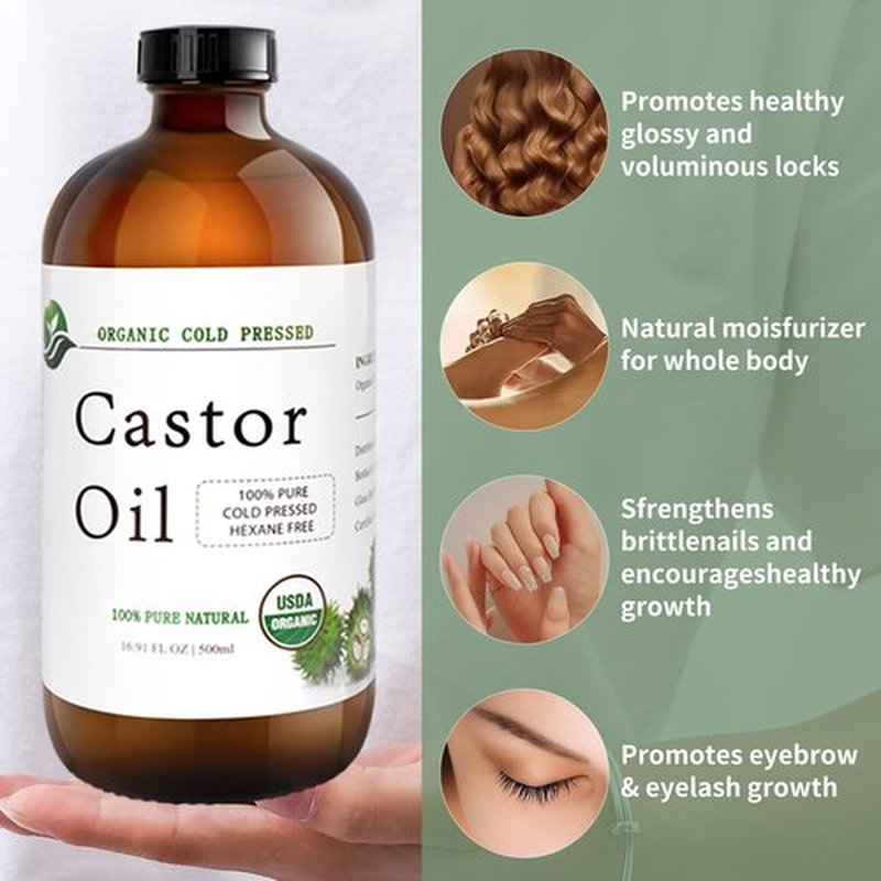 MAYLINK Castor Oil-Castor Oil Organic Cold Pressed Unrefined Glass Bottle-Organic Certified 100% Pure Castor Oil,Hexane Free,Organic Castor Oil for Face,Hair Growth,Eyelashes,Caster 16.91fl.oz/500ml
