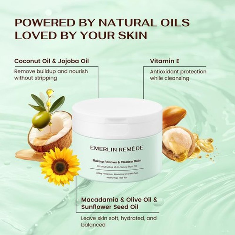 Emerlin Remède Makeup Remover & Cleanser Balm with Coconut Milk & Multi Natrual Plant Oil for Melting, Cleaning And Moisturizing For All Skin Type