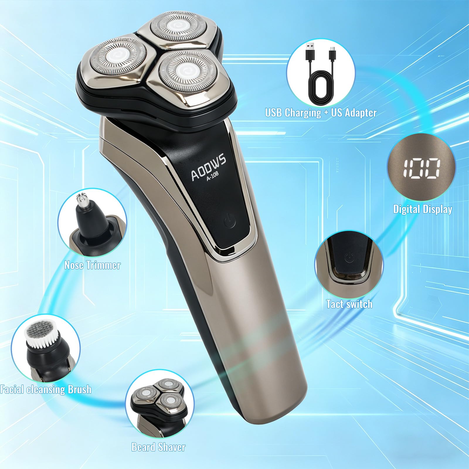 4-in-1 Electric Razor for Men, 9999 RPM High-Speed Electric Shaver, 5D Floating Head Shavers for Men, 90Min Long-Lasting, IPX7 Waterproof, LED Display, Beard Trimmer for Sensitive Skin Care