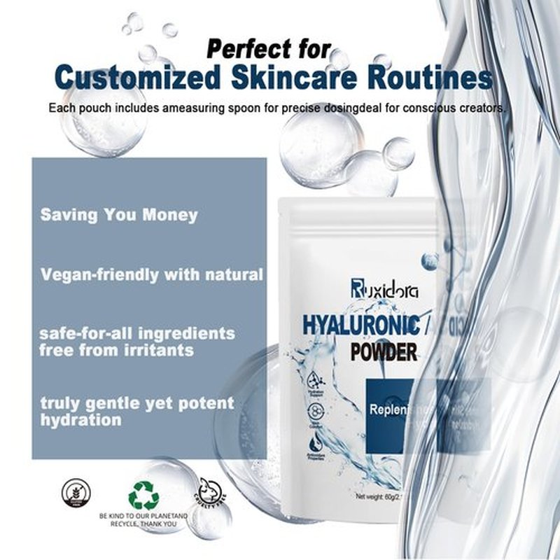 Pure Hyaluronic Acid Powder for Skin & Face (Sodium Hyaluronate) - Low Molecular Weight, Cosmetic Grade DIY Serum Ingredient for Deep Hydration, Acido Hialuronico en Polvo-Includes Scoop-60g(2.12oz)