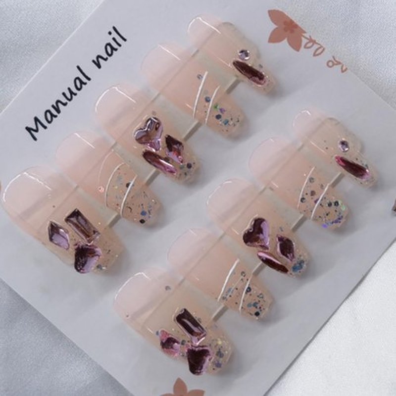 Hkanlre Nude Press on Nails Coffin Medium Fake Nails Tips Full Cover Rhinestones False Nails for Women and Girls 24PCS