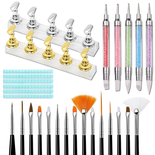 Nail Stand for Press Ons, 15Pcs Nail Art Brushes, 5Pcs Dual-Ended Nail Dotting & Sculpture Pens, Nail Stand DIY, Nail Holder for Painting Nails with 96Pcs Reusable Putty, Nail Art Tools