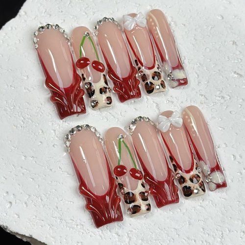 RIICFDD Long Press on Nails Square Leopard Print French Tip Fake Nails Glue on Nails with Cherry Charms and Rhinestones Designs Acrylic False Nails Full Cover Stick on Nail for Women 24Pcs
