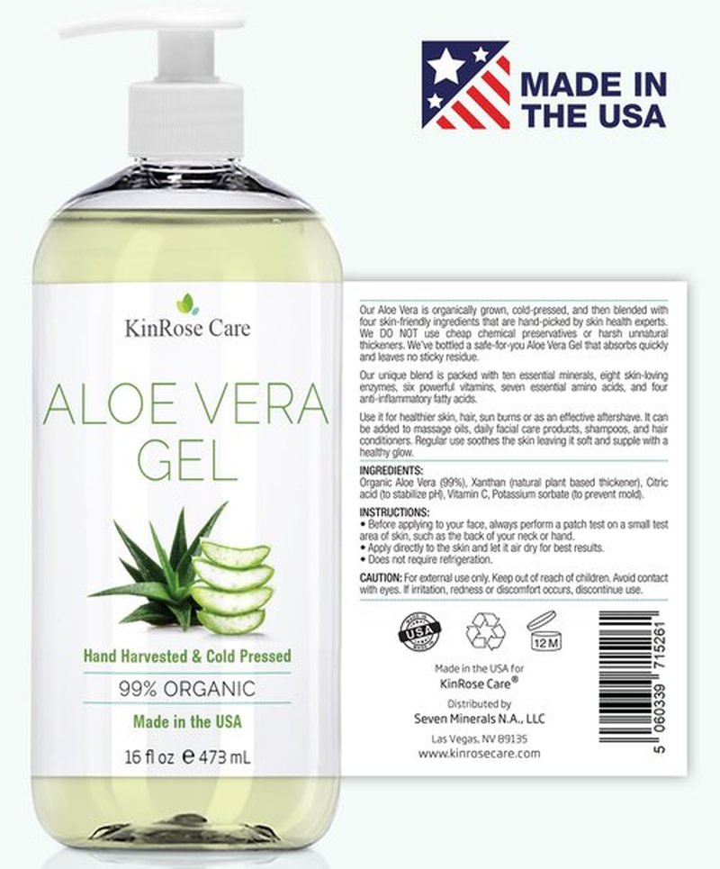 KinRose Care, 16oz Organic Aloe Vera Gel for Face, Skin, Hair & Sunburn Relief - From 100 Percent Pure Aloe Vera - Cold Pressed, Vegan, Unscented - Made in USA.