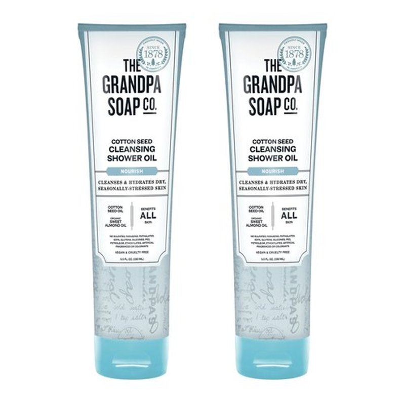 The Grandpa Soap Company Cotton Seed Cleansing Shower Oil - Hydrates Dry Seasonally-Stressed Skin, Nourishing and Moisturizing, With Cotton Seed Oil and Sweet Almond Oil, 9.5 Fl Oz., 2 Pack