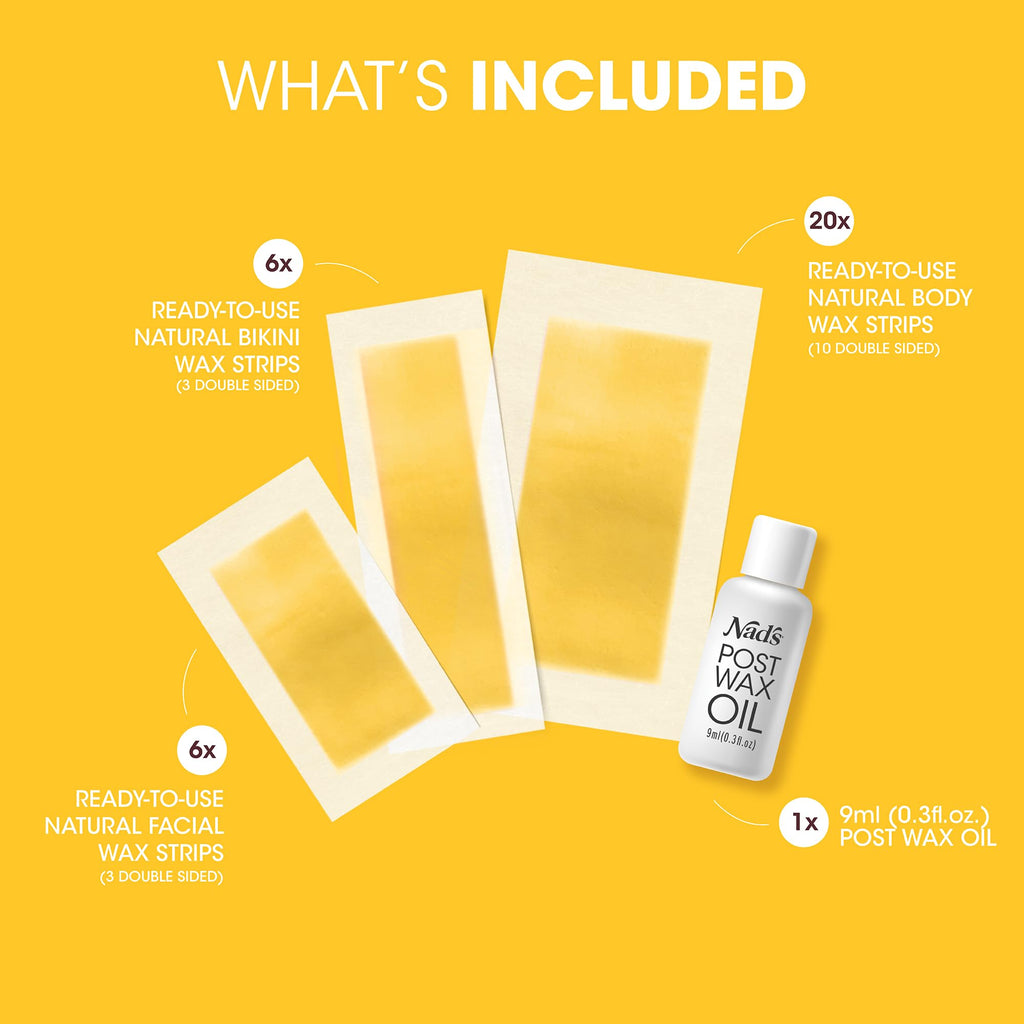 Nad's Wax Strips Kit Natural All Skin Types Wax Hair Removal For Women, 6 Face Wax Strips + 20 Body Wax Strips + 6 Bikini Wax Strips + Post Wax Oil