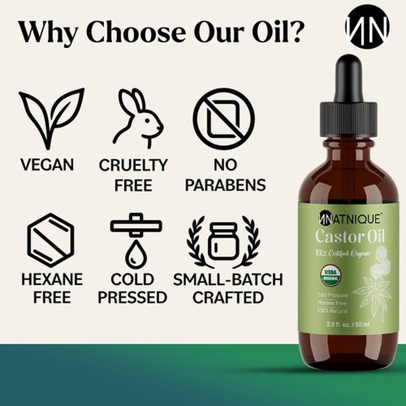Natnique Castor Oil – USDA Certified Organic, 100% Pure Cold Pressed Unrefined Oil for Hair Growth, Eyelashes, Eyebrows & Scalp – Natural Skin Moisturizer, Lash Serum & Hair Treatment (2 Oz)