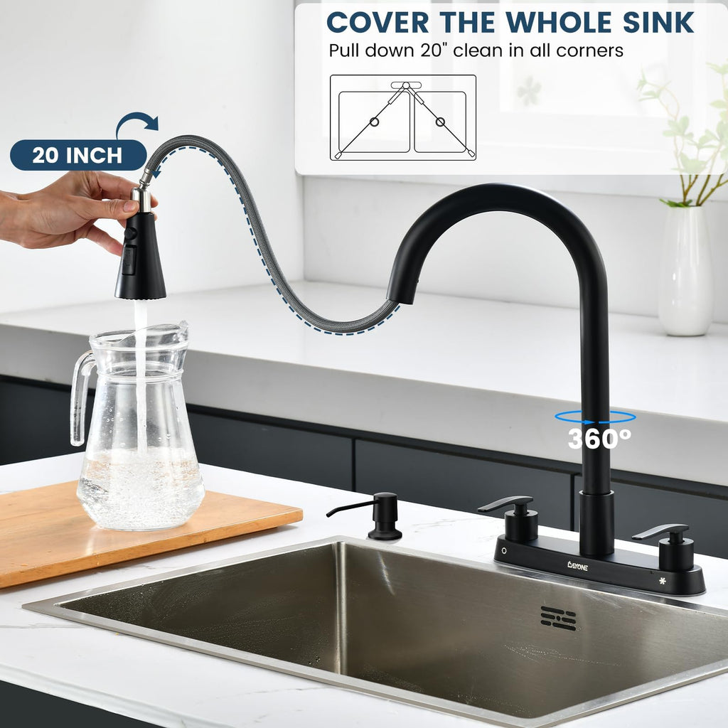 DAYONE Black 2 Handle Kitchen Faucet with Sprayer, 4 Holes Pull Down Faucets for Kitchen Sink with Soap Dispenser Stainless Steel