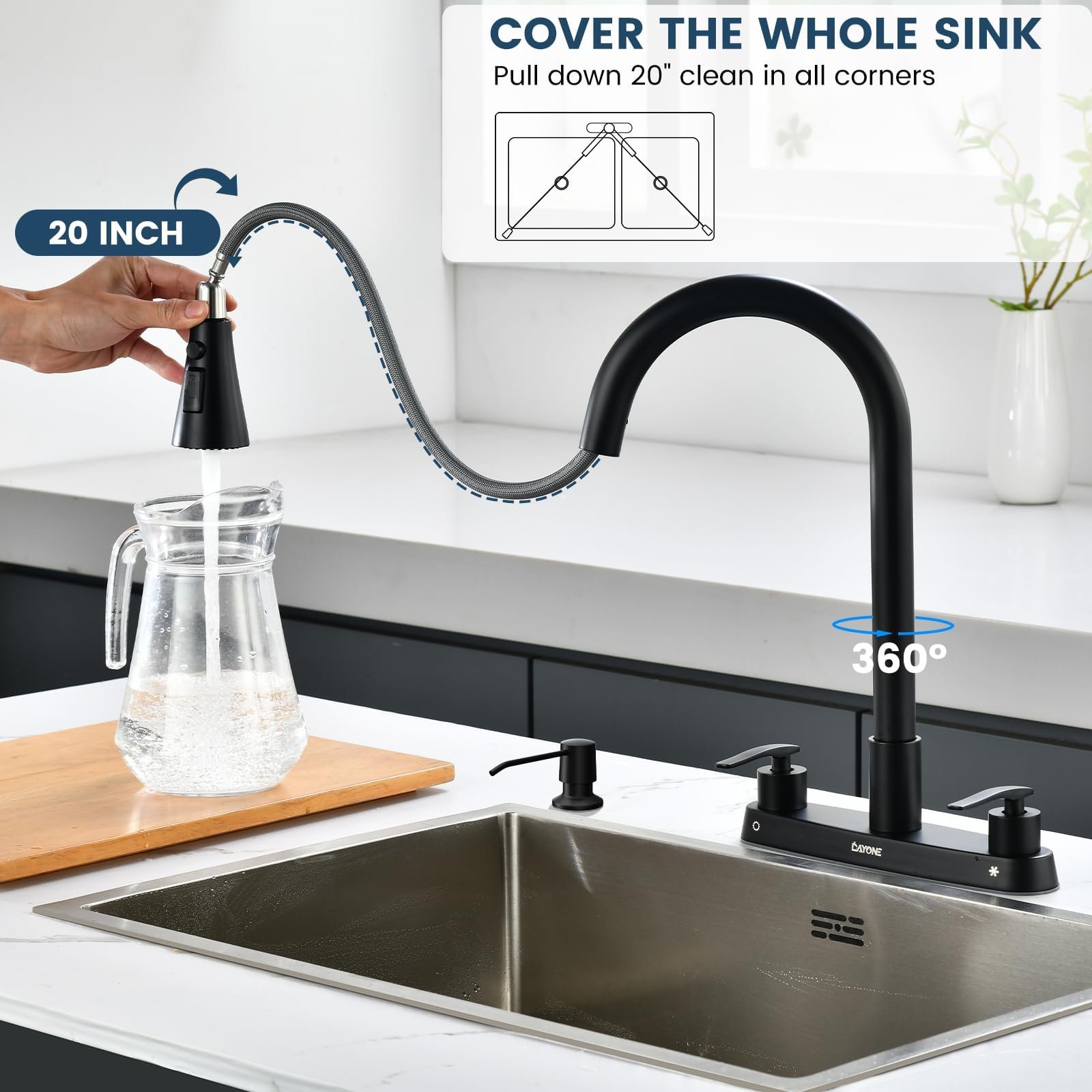 DAYONE Black 2 Handle Kitchen Faucet with Sprayer, 4 Holes Pull Down Faucets for Kitchen Sink with Soap Dispenser Stainless Steel