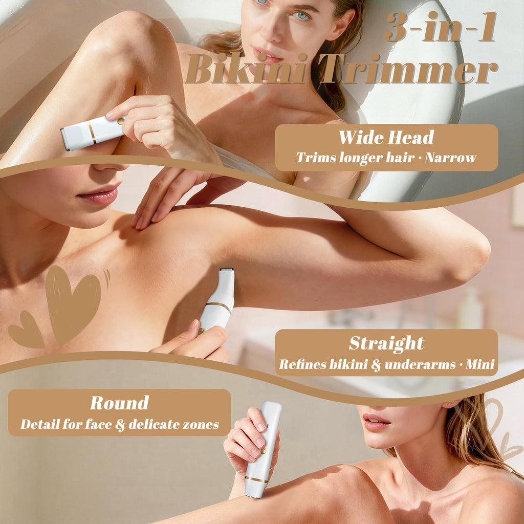 Fanovae 3-in-1 Bikini Trimmer for Women – Electric Razor for Women, Body Hair Trimmer with Charging Dock & USB-A to C7 Cable, IPX7 Waterproof, 1-Month Cordless Use, Safe Multi-Area Grooming – X5 White
