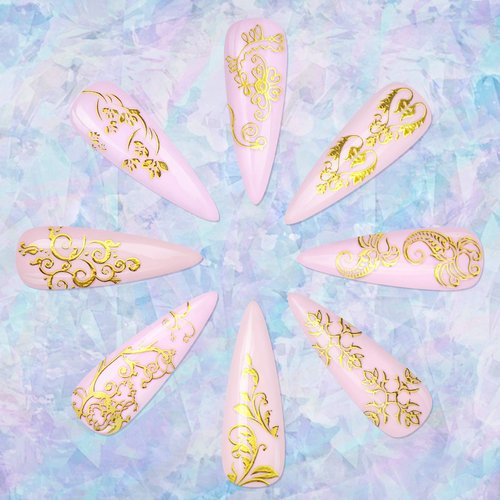 KISSBUTY Metallic Flowers & Vine Nail Decals - 20 Sheets 3D Flower Lace Adhesive Stickers - Gold Floral Nail Decor