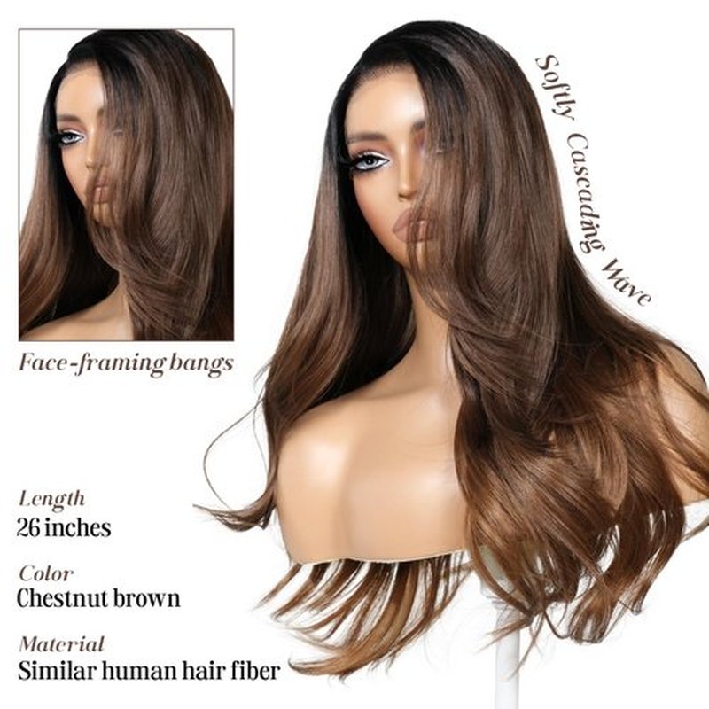 ENCOUNTERU Brown and Blonde Ombre Wig with Bangs 13x4 HD Lace Front Realistic Hairline Layered Body Wave Pre Plucked Pre Cut Synthetic Glueless Wig for Women 23 Inch