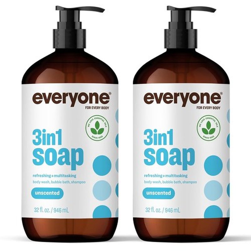 Everyone 3-in-1 Soap | Body Wash, Bubble Bath & Shampoo - Unscented, 32 Ounce (Pack of 2)