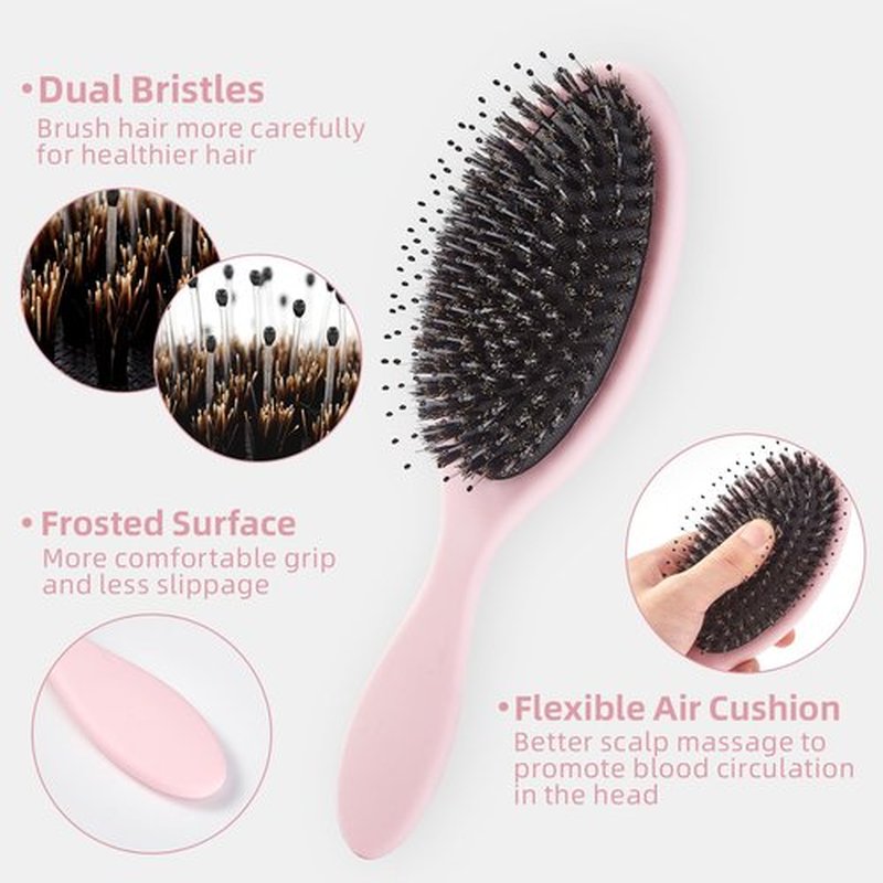 Jurrissa Boar Bristles Hair Brush for Women and Men, Detangling Hair Brush for Smoothing Massage Add Shine, Nylon&Boar Bristles Detangler brush for Hair Healthy (1 Pack-Pink)