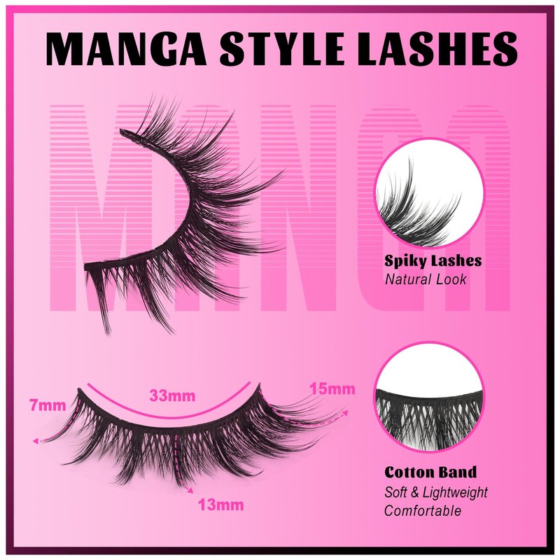 Veleasha Lashes Kit Manga Eyelashes Cat Eye Lashes Spiky Eyelash C Curl with Lash Glue & Tweezers Lash Wispy Natural Look False Eyelashes with Soft Cotton Band 7 Pairs Pack (Sunny Kit)