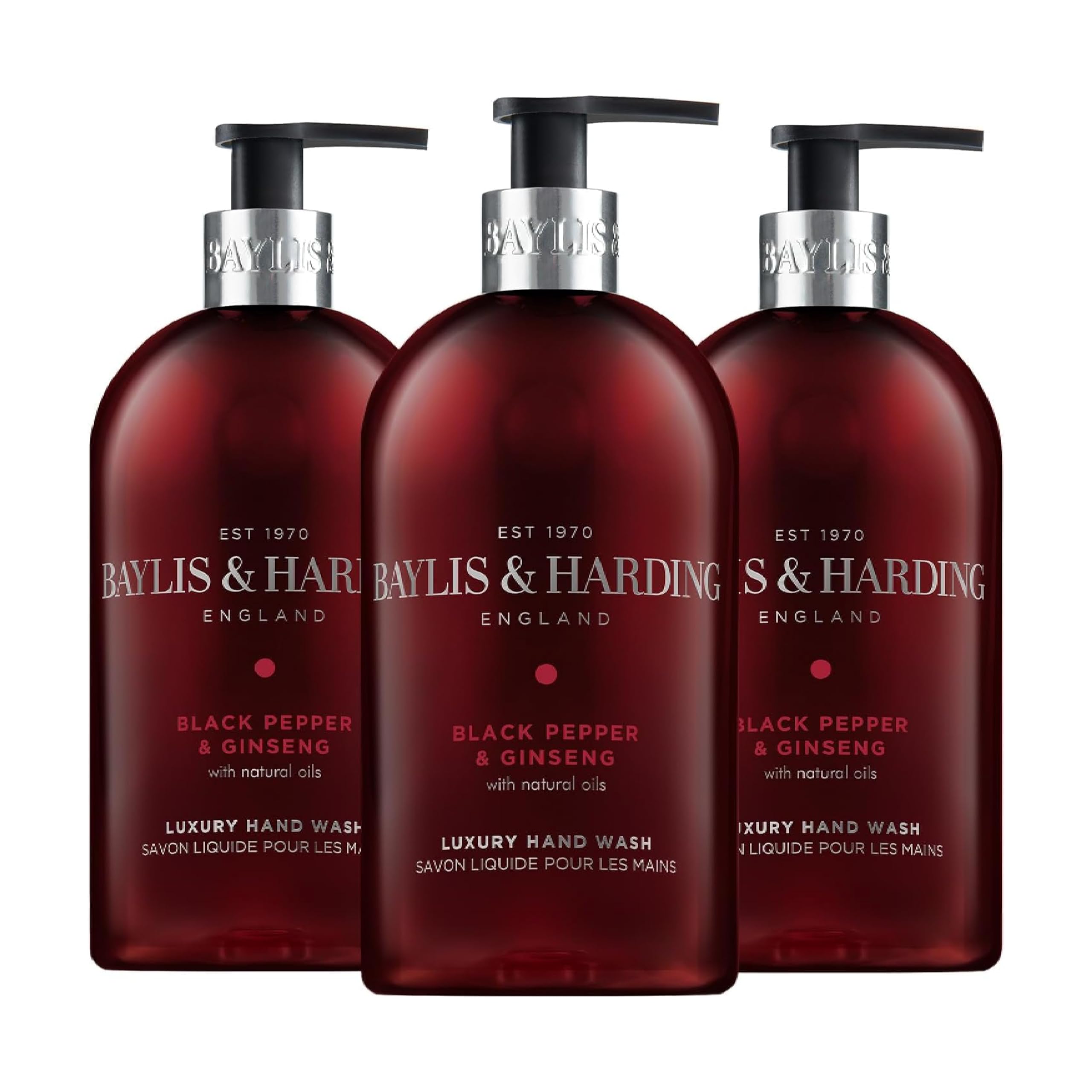 Baylis & Harding Liquid Hand Soap Wash with Dispenser, Black Pepper & Ginseng for Men, 16.9oz/500ml (3-Pack)