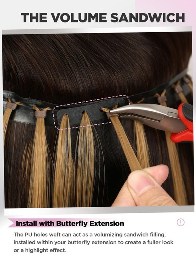 FANCEE OVO Hair Extensions Remy Human Hair 100g PU Holes Wefts with Micro Beads Highlight Honey Blonde Volume Upgrade Butterfly Seamless Weft Invisible Beaded Hair Extension with Tools(T4/27 18 Inch)