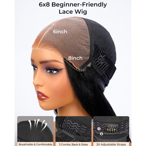 Ali Pearl Straight Wigs Human Hair Pre Cut 8x6 HD Straight Lace Front Wigs Ready To Wear Glueless Wigs Human Hair With Drawstring Pre Plucked M Hairline Wigs For Black Woman 14 Inch