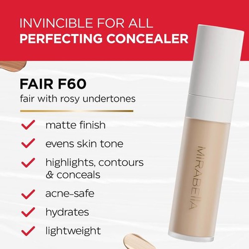 Mirabella Invincible Under Eye Concealer - Full Coverage Hydrating Formula for Dark Circles & Fine Lines - Fair F60