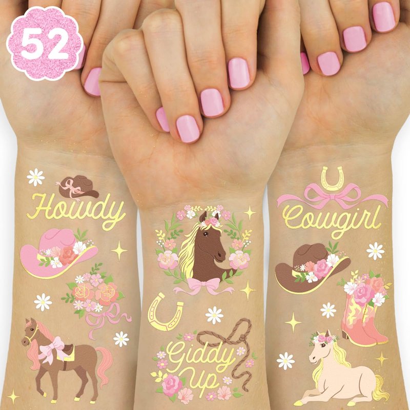 xo, Fetti Pink Horse Girl Temporary Tattoos - 52 Gold Foil Pcs | Cute Cowgirl Birthday Accessory, Pony Bachelorette Party Favor, Cute Kids Activity