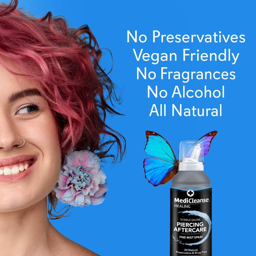 MediCleanse Sterile Saline Piercing Aftercare Fine Mist Spray, 7.5 Ounce, All Natural, No Alcohol, Vegan Friendly, for Piercings and Tattoos, Made in USA, Pack of 2