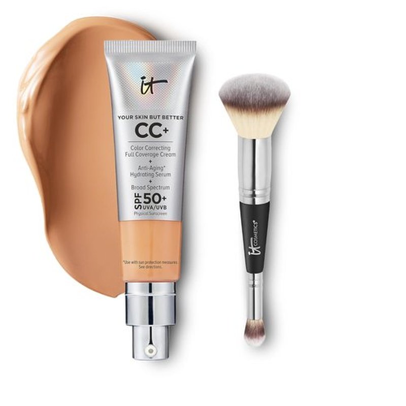 IT Cosmetics CC+ Cream - Full Coverage Foundation with SPF 50+ for Natural Finish | Neutral Tan - 1.08 fl oz & Concealer Brush #7 for Flawless Blending