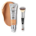 IT Cosmetics CC+ Cream - Full Coverage Foundation with SPF 50+ for Natural Finish | Neutral Tan - 1.08 fl oz & Concealer Brush #7 for Flawless Blending