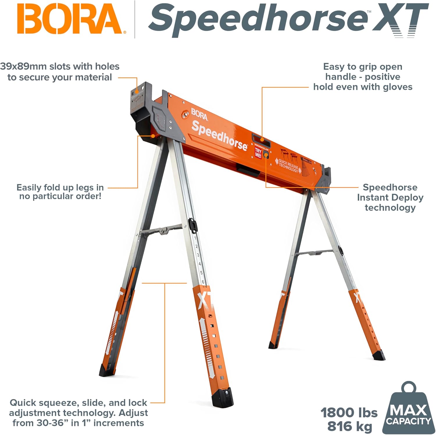 Bora Portamate Speedhorse XT Sawhorse Pair - Heavy Duty Adjustable 30-36 Inch Metal Top | Ideal for Contractors & Carpenters