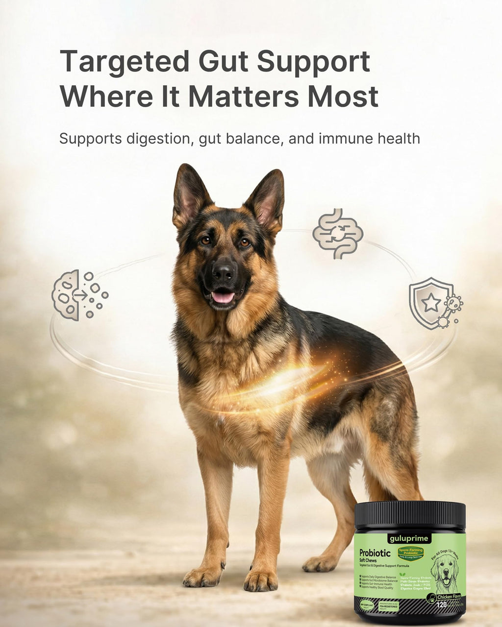 GuluPrime Probiotics for Dogs - Dog Probiotics Digestive Health Support, Dog Probiotic Chews with Spore-Forming Bacillus Coagulans, Prebiotic Inulin & Digestive Enzymes, Chicken Flavor, 120 Soft Chews