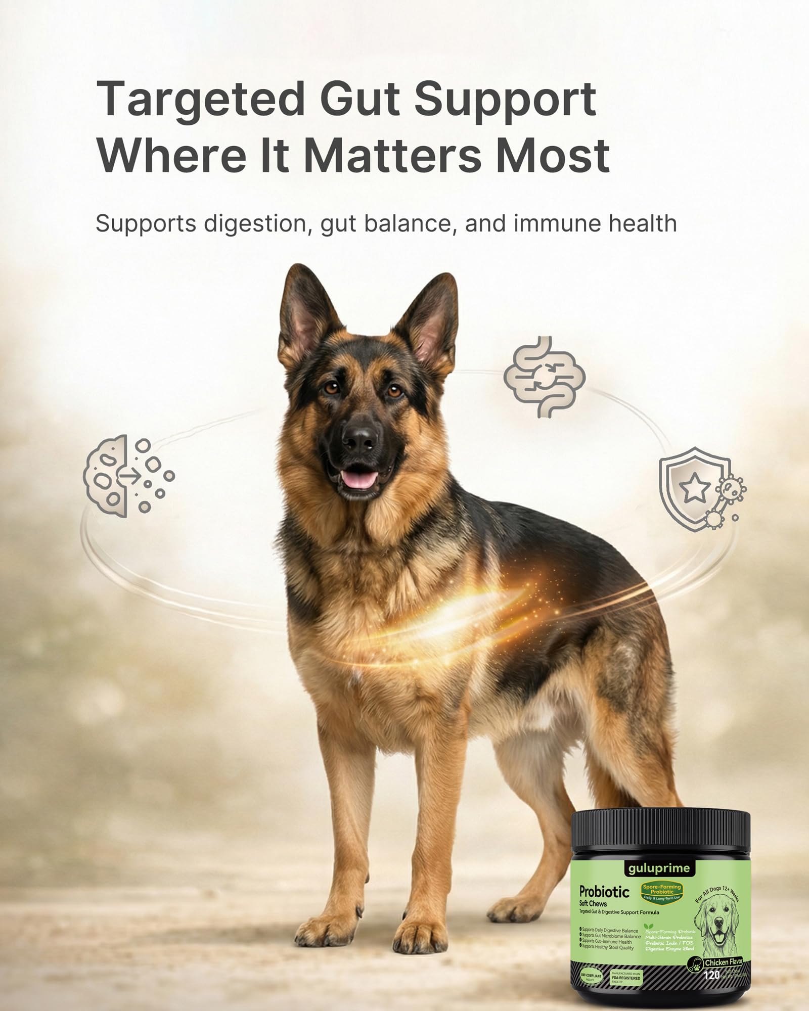 GuluPrime Probiotics for Dogs - Dog Probiotics Digestive Health Support, Dog Probiotic Chews with Spore-Forming Bacillus Coagulans, Prebiotic Inulin & Digestive Enzymes, Chicken Flavor, 120 Soft Chews