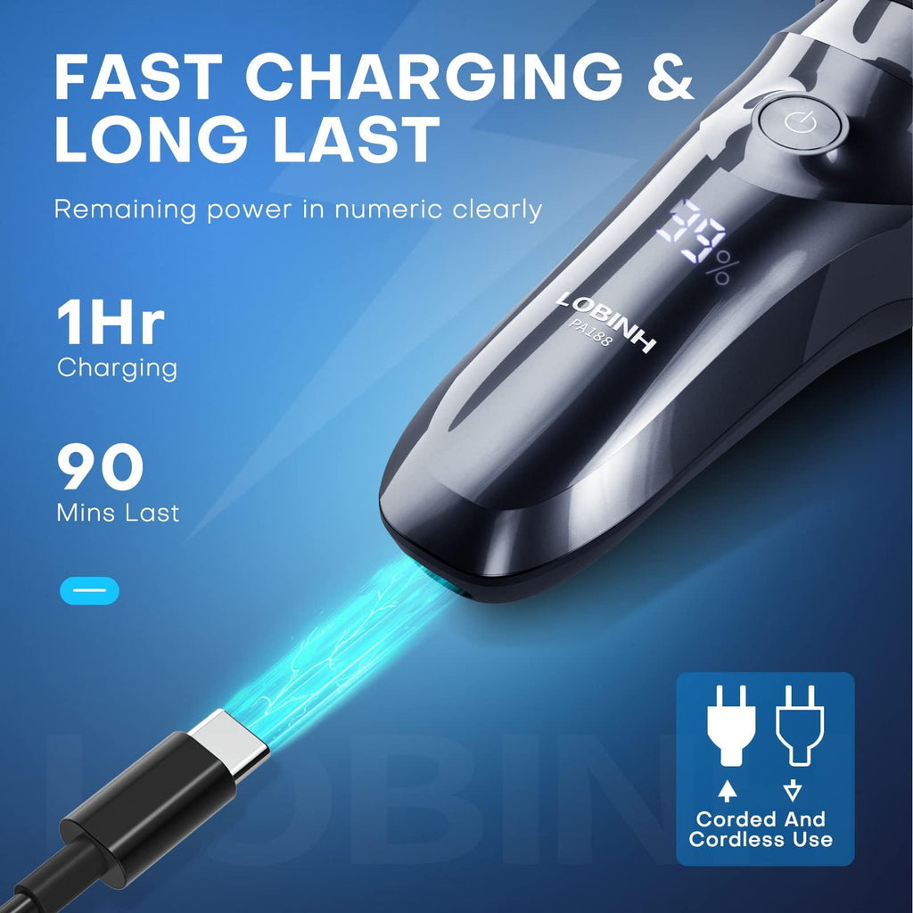 LOBINH Electric Shaver for Men, 100% Washable Rechargeable Electric Razor, Waterproof IPX7 Wet & Dry Shaving with Pop-up Sideburn Trimmer, 1 Hour Fast Charging, 4D Floating Head, LCD Power Indicator