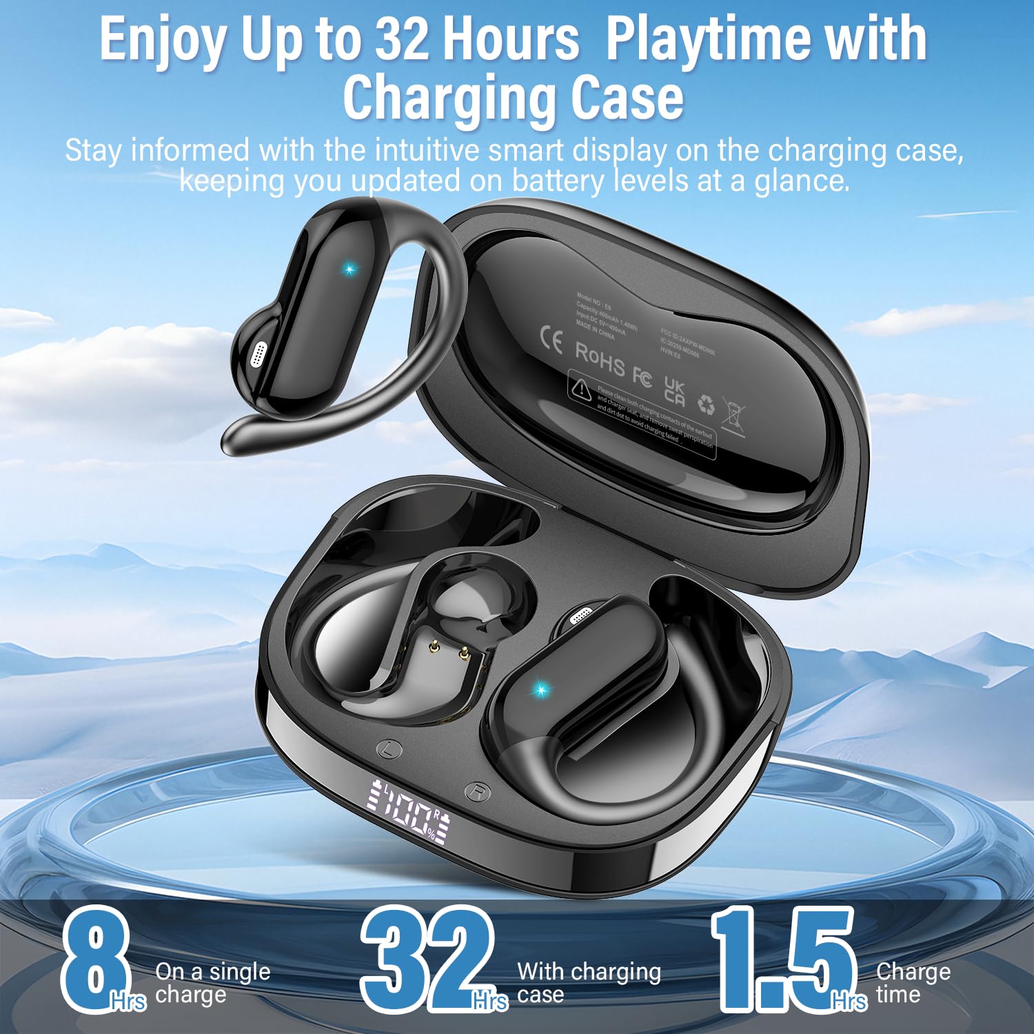 Open Ear Earbuds, Bluetooth 5.4 Wireless Earbuds with Ear Hooks, 32H HiFi Stereo Open Ear Headphones with Clear Calls, IPX7 Lightweight Air Conduction Headphones for Workouts and Running, Black