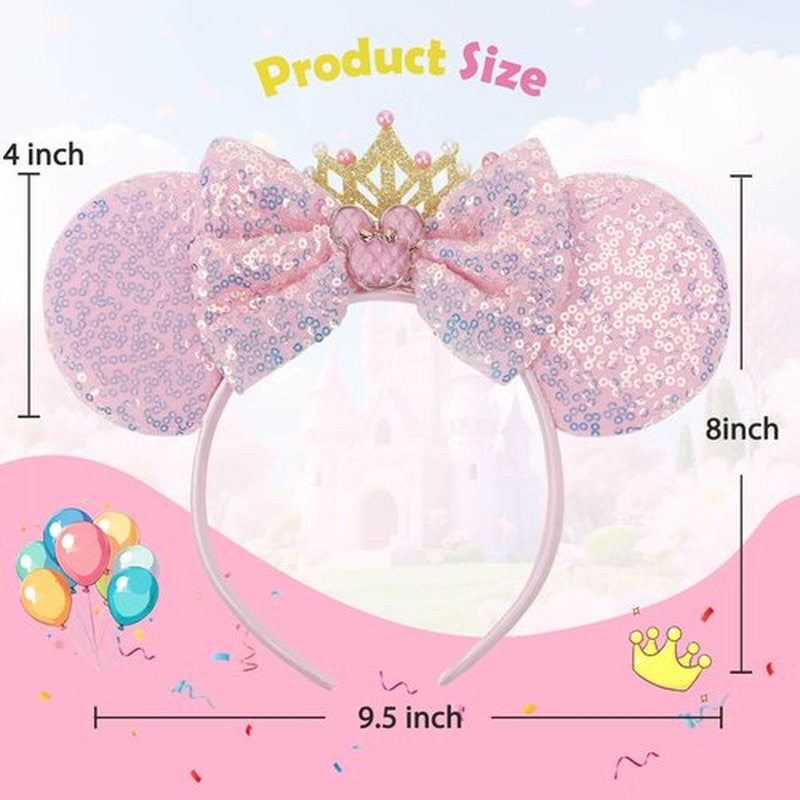 CANMIL Mouse Ears Headband, Sparkle Princess Bow Hairband for Women Girls, Cute Sequin Hair Beauty Accessories (Pink Crown)