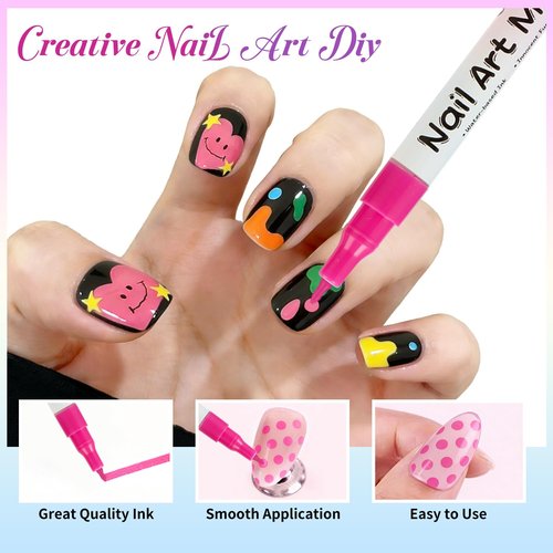RFENLY 12 Colors Nail Art Pens Set, 3D 0.5MM Nail Polish Pens, DIY Nail Markers, Quick Drying Long Lasting Paint Graffiti Point Dotting Liner Pen Tools for Home & Salon