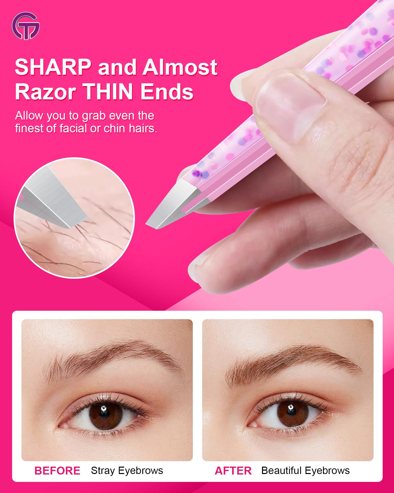 Expert Eyebrow Hair Removal Tweezer with Leather Case, GlamTweeler High Precision Slant Tip Stainless Steel Tweezers for Men and Women (Cherry Blossom Pink)