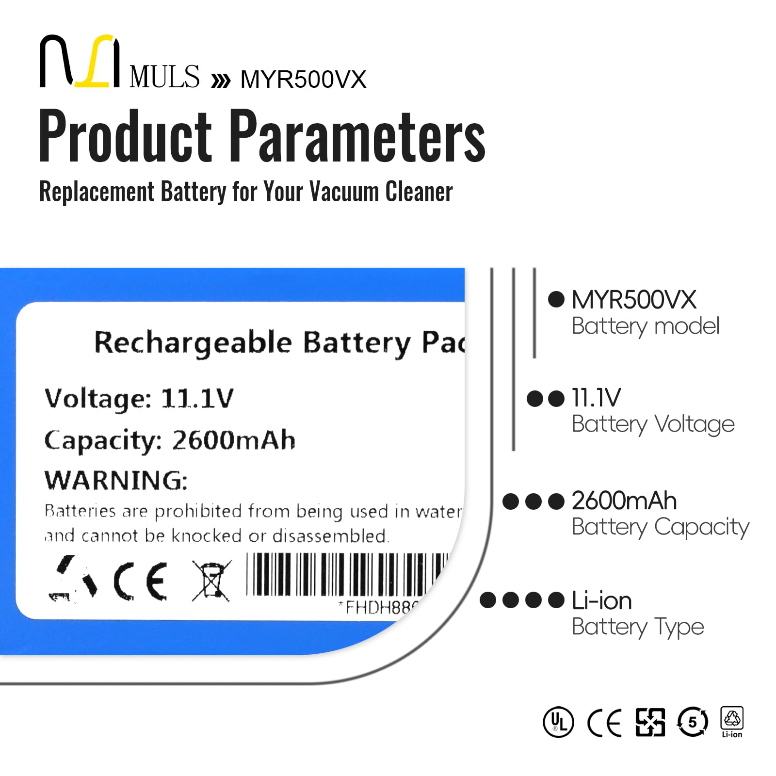 MULS 12J001609 Battery Replacement for Moneual Everybot RS500 RS700 Robot Vacuum Cleaner with Tools 11.1V 2600mAh