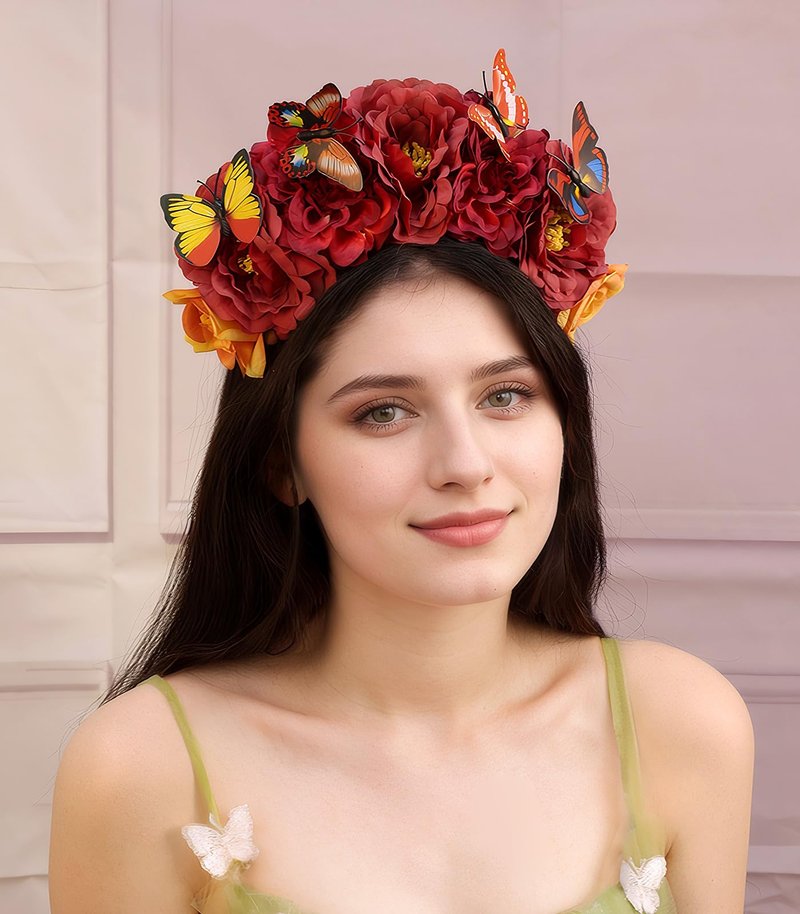 Yheahin Mexican Rose Flower Crown Headband for Women Butterfly Floral Headpiece Day of The Dead Headband Cosplay Party Costume Flower Hair Accessories (Butterfly 2- red, Elastic)