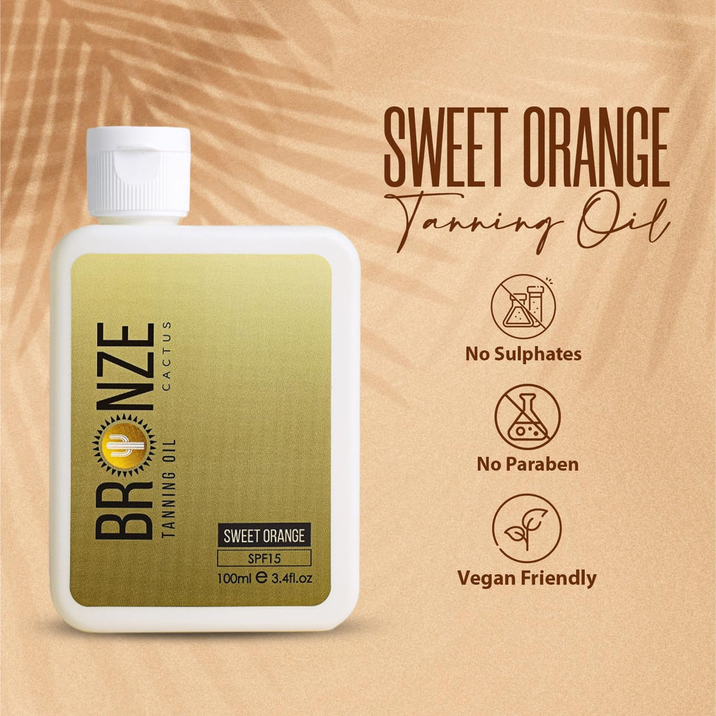 Bronze Cactus Sweet Orange Tanning Oil SPF 15 – Radiant, Hydrating Sun Oil | Vegan, Dermatologist Tested | Broad Spectrum UVA/UVB Defense | Vitamin E & Natural Seed Oils for Smooth Skin Glow 3.4fl.oz