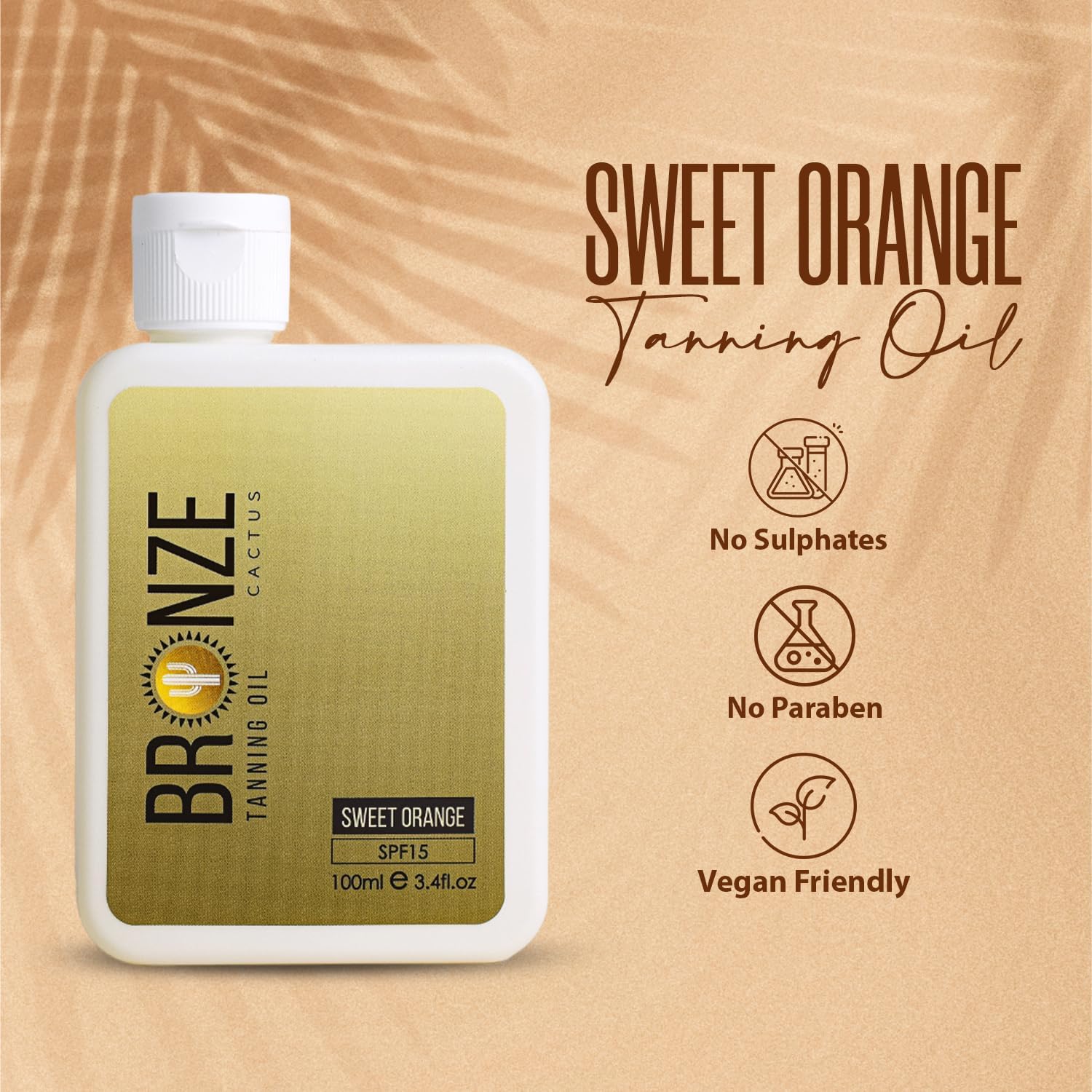 Bronze Cactus Sweet Orange Tanning Oil SPF 15 – Radiant, Hydrating Sun Oil | Vegan, Dermatologist Tested | Broad Spectrum UVA/UVB Defense | Vitamin E & Natural Seed Oils for Smooth Skin Glow 3.4fl.oz