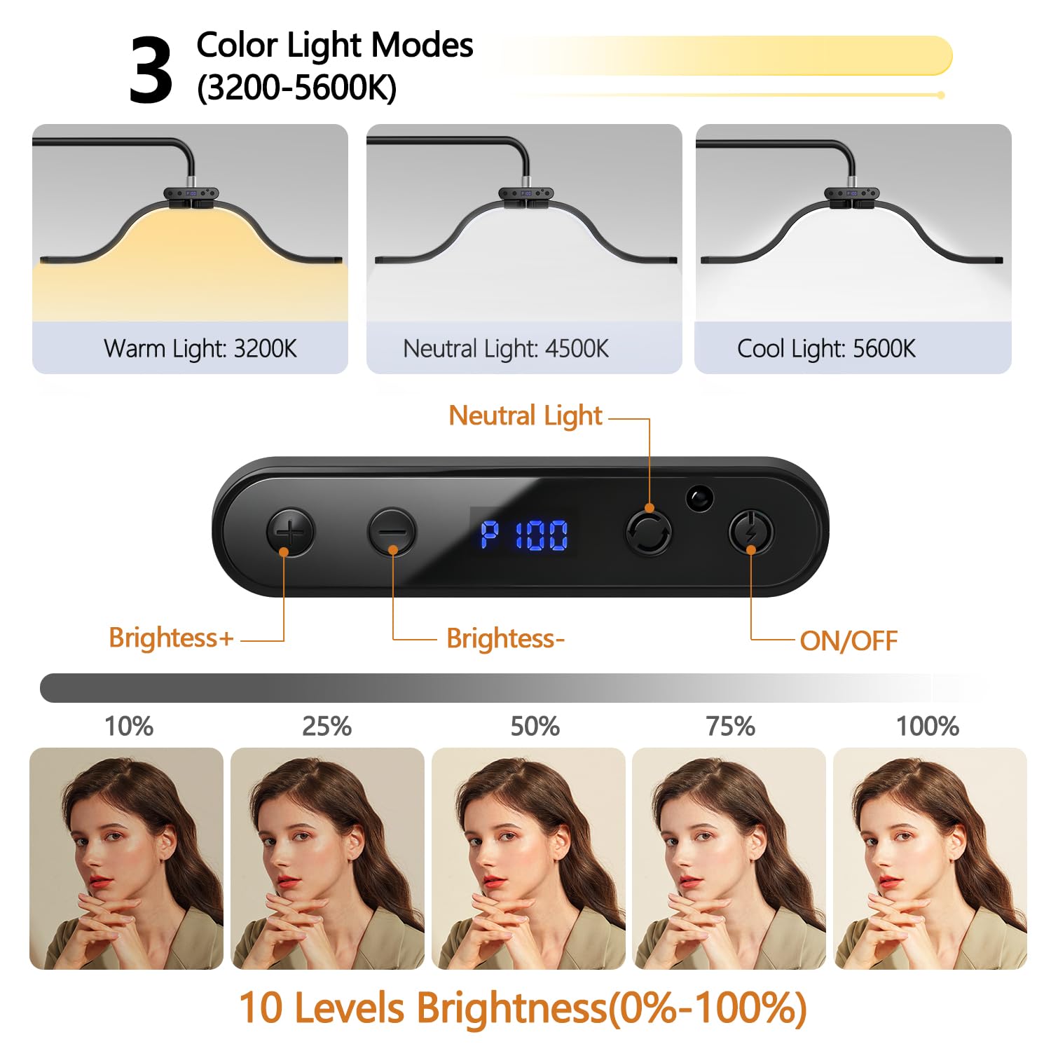 Lash Light for Eyelash Tech-Esthetician Ring Light, Half Moon Light for Led Lash Lamp Extensions, Tattoo Artists, Nail Tech - Cool, Warm Lamp with Adjustable Brightness & Height, Phone Holder (Black)