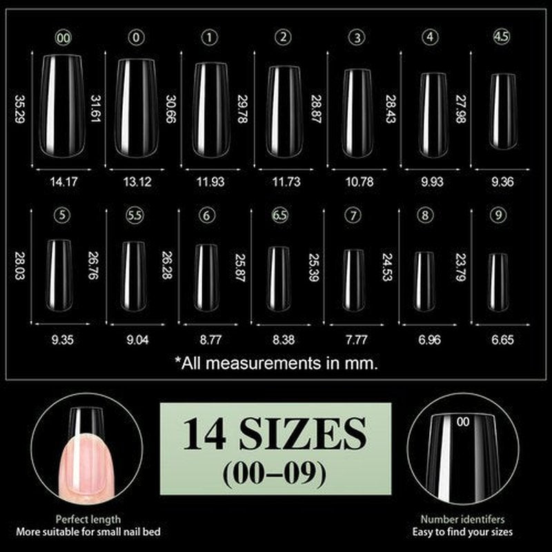 Cycullinyt 504pcs Sculpted XXLong Square Soft Gel Nail Tips, Professional False Nail Tips with Box - 14 Sizes Full Cover Clear Acrylic Press On Fake Nails for Extension Manicure Salon DIY at Home