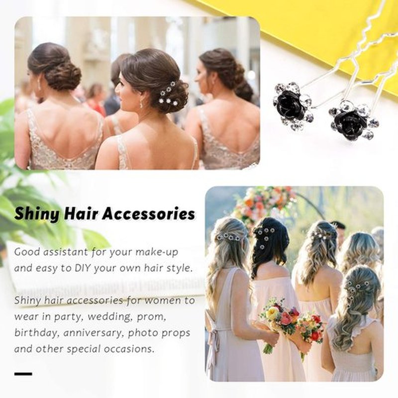 Swpeet 40Pcs Black U-Shaped Crystal Hair Pins Rose Flower Rhinestone Hair Clips Hair Accessories for Bridal Wedding Women Hair Jewelry Accessories, with Storage Bag