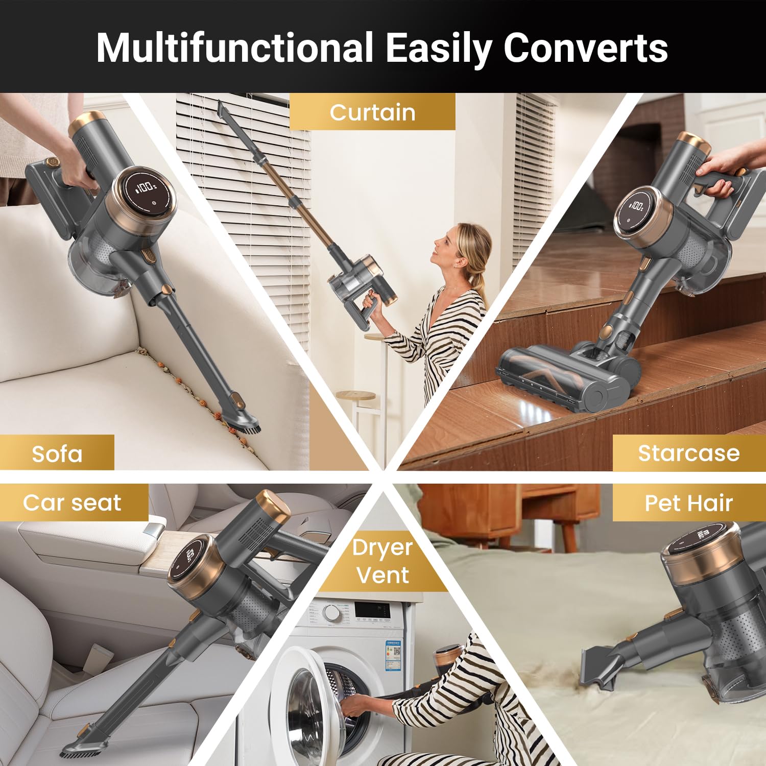 NuYupo Cordless Vacuum Cleaner, 10-in-1 Lightweight Stick Vacuum with 45mins Runtime, Powerful Suction, LED Touch Screen, Rechargeable Vacuum Cleaners for Home Hardwood Floor Carpet Pet Hair (Gold)